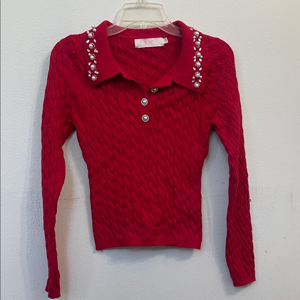 Pearl-Embellished Red Cable-Knit Polo Sweater